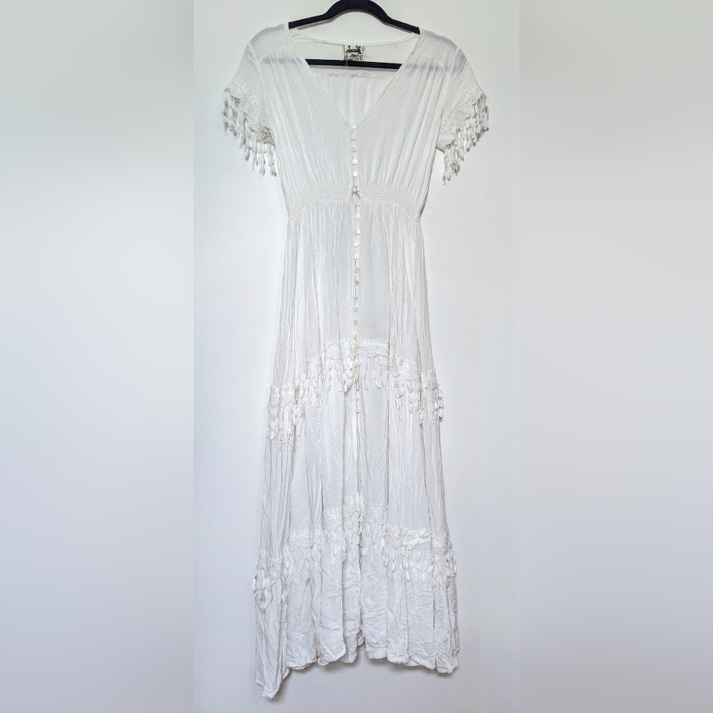 Jaase White Embroidered Boho Hippie Maxi Cover Up Dress sz XS